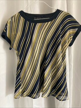 Anne Klein 100% Silk Navy and Yellow Striped Short Sleeve Top